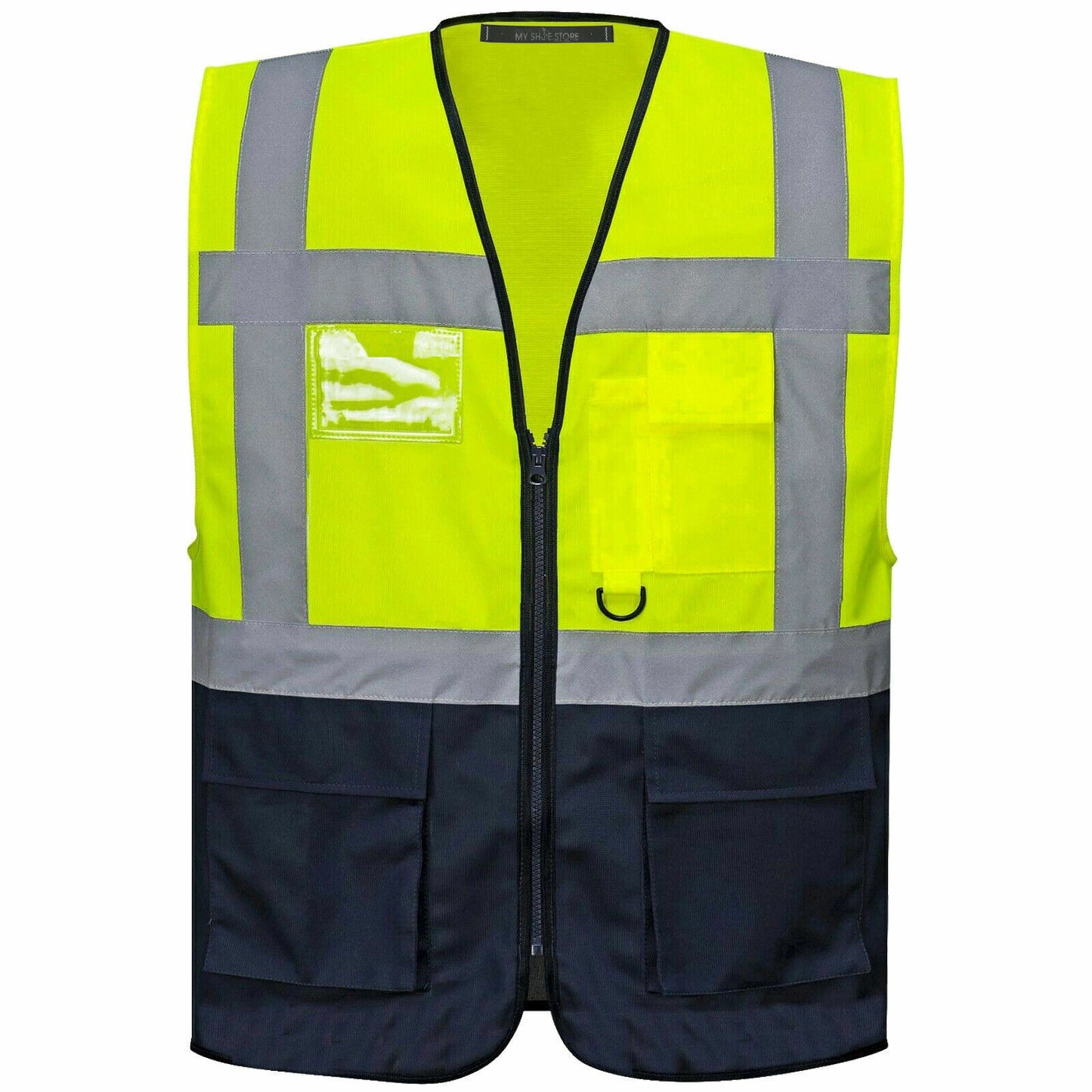 HV330 EXECUTIVE HI VIS VEST FRONT ZIP ID HOLDER REFLECTIVE SAFETY WAISTCOAT HIGH VISIBILITY WORKWEAR MENS TOP SITE PPE VIZ JACKET
